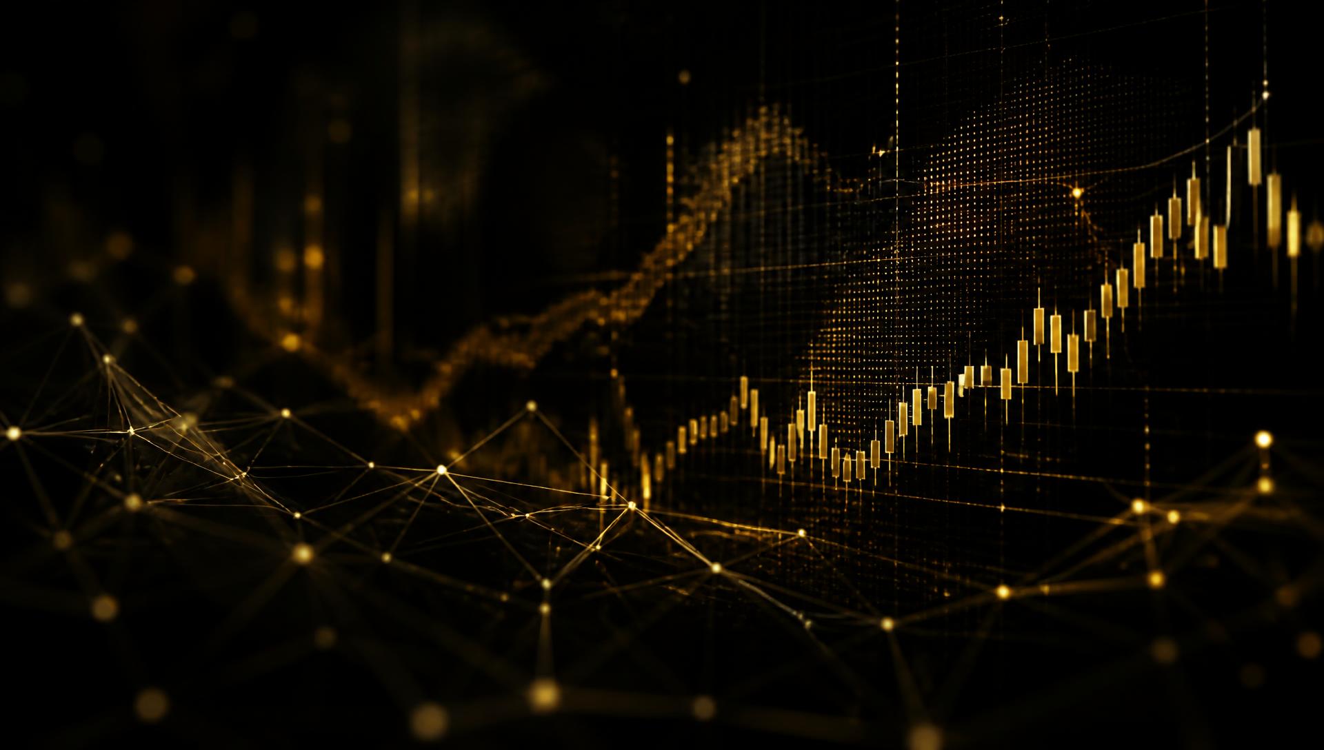 Abstract AI neural network with golden financial market data visualisation